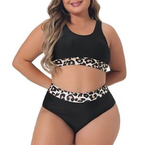 Plus Size Leopard High Waisted Two Piece Bathing Suits Black